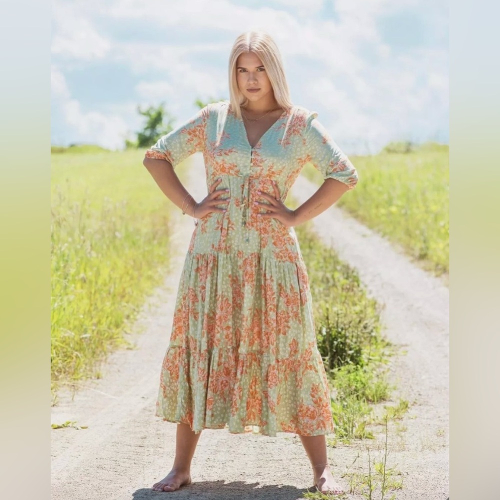 ANTHROPOLOGIE ABEL THE LABEL wild bloom floral maxi dress green orange medium